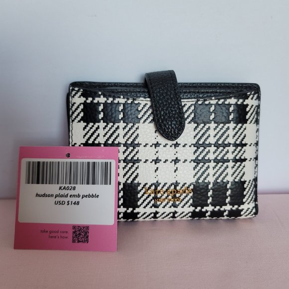 KATE SPADE Hudson SMALL Posh Plaid Embossed Pebbled Leather Bifold Wallet-Black⭐ - Picture 15 of 15